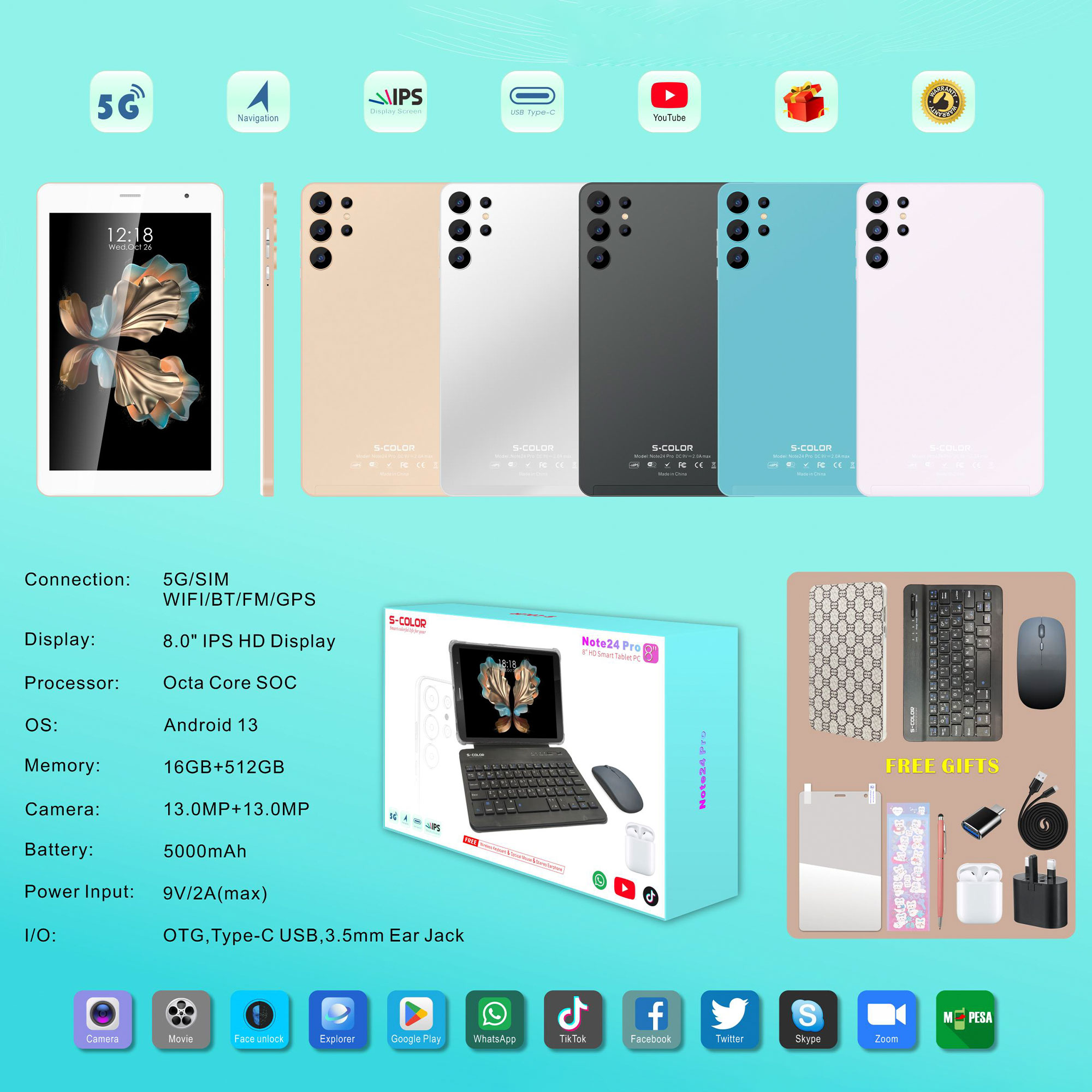 تابلت Note 24 بكيبورد و ماوس بلوتوث + مجموعة هدايا (ضمان عام )